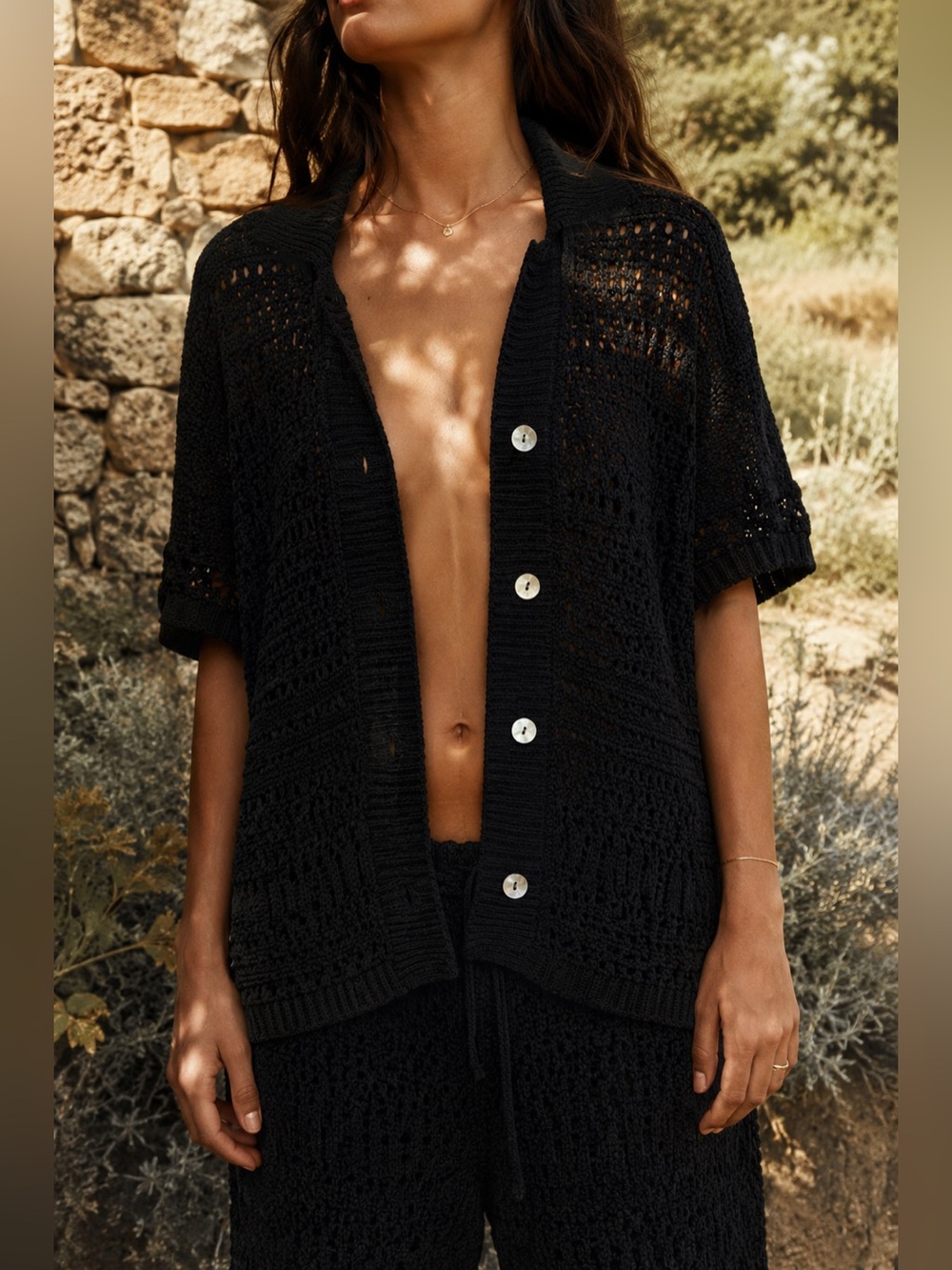 Zara Black Crochet Knit Button-Up Collared Top Oversized sweater shirt thing